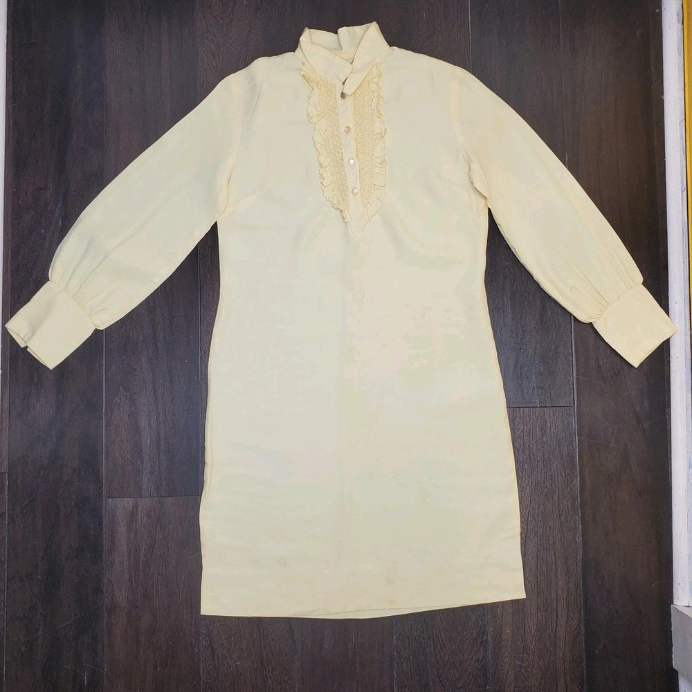 Vintage Pale Yellow Dress Button Down Ruffle Front Shirt A Line Dress With Cuffs